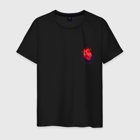 Мужская футболка хлопок с принтом Сердце в кармане в Новосибирске, 100% хлопок | прямой крой, круглый вырез горловины, длина до линии бедер, слегка спущенное плечо. | Тематика изображения на принте: анатомия | в кармане | карман | кармашек | медицина | прикол | прикольно | сердечко | сердце