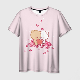 Мужская футболка 3D с принтом Влюблённые Плюшевые Мишки (Сердца) в Белгороде, 100% полиэфир | прямой крой, круглый вырез горловины, длина до линии бедер | 14 февраля | 8 марта | i love you | love is | валентин | день святого | животные | игрушка | любовь | мишка | надпись | парные | поцелуй | сердечки | сердце | текст | химия | я тебя люблю