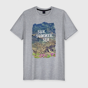 Мужская футболка хлопок Slim с принтом Солнце, лето, море , 92% хлопок, 8% лайкра | приталенный силуэт, круглый вырез ворота, длина до линии бедра, короткий рукав | берег | вода | летняя | море | рифы | цветы