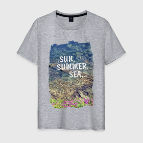 Мужская футболка хлопок с принтом Солнце, лето, море , 100% хлопок | прямой крой, круглый вырез горловины, длина до линии бедер, слегка спущенное плечо. | берег | вода | летняя | море | рифы | цветы