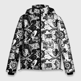 Мужская зимняя куртка 3D с принтом Пираты паттерн   Pirates pattern в Кировске, верх — 100% полиэстер; подкладка — 100% полиэстер; утеплитель — 100% полиэстер | длина ниже бедра, свободный силуэт Оверсайз. Есть воротник-стойка, отстегивающийся капюшон и ветрозащитная планка. 

Боковые карманы с листочкой на кнопках и внутренний карман на молнии. | волна | канат | компас | корабль | море | морской | океан | пират | скелет | сундук | флаг | череп | якорь