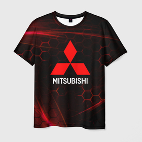 Мужская футболка 3D с принтом Mitsubishi красные соты в Санкт-Петербурге, 100% полиэфир | прямой крой, круглый вырез горловины, длина до линии бедер | auto | mitsubishi | sport | авто | машины | митсубиси | митсубиши | спорт