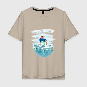 Мужская футболка хлопок Oversize с принтом капитан русалка и бот в Тюмени, 100% хлопок | свободный крой, круглый ворот, “спинка” длиннее передней части | boat | mermaid | sea | капитан | лодка | море | моряк | морячок | поволнам | русалка | трубка | штурвал