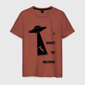 Мужская футболка хлопок с принтом I want to believe  (CAT) в Санкт-Петербурге, 100% хлопок | прямой крой, круглый вырез горловины, длина до линии бедер, слегка спущенное плечо. | Тематика изображения на принте: aliens | кошка | минимализм | нло | хочу верить