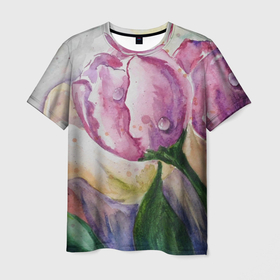 Мужская футболка 3D с принтом Весенняя нежность , 100% полиэфир | прямой крой, круглый вырез горловины, длина до линии бедер | акварель | весенний | весна | зелёный | картина | нежный | рисунок | розовый | тюльпаны | цветы