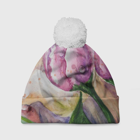 Шапка 3D c помпоном с принтом Весенняя нежность , 100% полиэстер | универсальный размер, печать по всей поверхности изделия | Тематика изображения на принте: акварель | весенний | весна | зелёный | картина | нежный | рисунок | розовый | тюльпаны | цветы