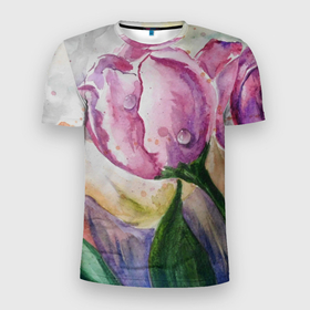 Мужская футболка 3D Slim с принтом Весенняя нежность в Тюмени, 100% полиэстер с улучшенными характеристиками | приталенный силуэт, круглая горловина, широкие плечи, сужается к линии бедра | акварель | весенний | весна | зелёный | картина | нежный | рисунок | розовый | тюльпаны | цветы