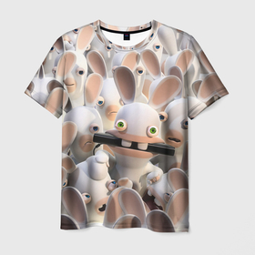 Мужская футболка 3D с принтом Куча бешеных кроликов в Екатеринбурге, 100% полиэфир | прямой крой, круглый вырез горловины, длина до линии бедер | animals | cartoons | games | netflix | rabbit | raving rabbids | ubisoft | бешеные кролики | животные | игры | мультики | нетфликс | юбисофт
