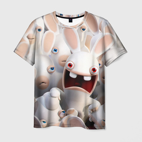 Мужская футболка 3D с принтом Бешеные кролики в толпе в Новосибирске, 100% полиэфир | прямой крой, круглый вырез горловины, длина до линии бедер | animals | cartoons | games | netflix | rabbit | raving rabbids | ubisoft | бешеные кролики | животные | игры | мультики | нетфликс | юбисофт