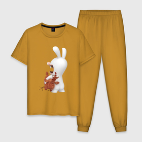Мужская пижама хлопок с принтом Бешеный кролик и курица в Екатеринбурге, 100% хлопок | брюки и футболка прямого кроя, без карманов, на брюках мягкая резинка на поясе и по низу штанин
 | animals | cartoons | chicken | games | netflix | rabbit | raving rabbids | ubisoft | бешеные кролики | животные | игры | курицв | мультики | нетфликс | юбисофт