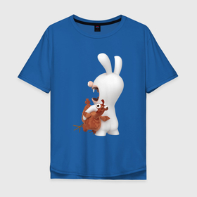 Мужская футболка хлопок Oversize с принтом Бешеный кролик и курица в Тюмени, 100% хлопок | свободный крой, круглый ворот, “спинка” длиннее передней части | animals | cartoons | chicken | games | netflix | rabbit | raving rabbids | ubisoft | бешеные кролики | животные | игры | курицв | мультики | нетфликс | юбисофт
