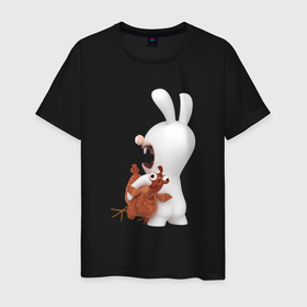 Мужская футболка хлопок с принтом Бешеный кролик и курица в Петрозаводске, 100% хлопок | прямой крой, круглый вырез горловины, длина до линии бедер, слегка спущенное плечо. | animals | cartoons | chicken | games | netflix | rabbit | raving rabbids | ubisoft | бешеные кролики | животные | игры | курицв | мультики | нетфликс | юбисофт