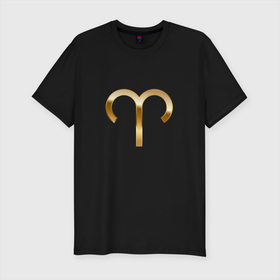 Мужская футболка хлопок Slim с принтом ОВЕН   ЗОЛОТОМ в Новосибирске, 92% хлопок, 8% лайкра | приталенный силуэт, круглый вырез ворота, длина до линии бедра, короткий рукав | гороскоп | знак зодиака | знаки зодиака | зодиак | золото | овен | овен золотом | символ | символ зодиака