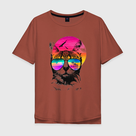 Мужская футболка хлопок Oversize с принтом Котэ на релаксе в Тюмени, 100% хлопок | свободный крой, круглый ворот, “спинка” длиннее передней части | Тематика изображения на принте: кот | кошка | отдых | отпуск | солнечные очки | чил