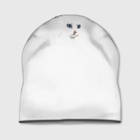 Шапка 3D с принтом Белый незаметный кот в Петрозаводске, 100% полиэстер | универсальный размер, печать по всей поверхности изделия | белое | белый кот | голубые глаза | девушкам | детям | животные | звери | кот | кошка | минимализм