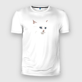 Мужская футболка 3D Slim с принтом Белый незаметный кот в Санкт-Петербурге, 100% полиэстер с улучшенными характеристиками | приталенный силуэт, круглая горловина, широкие плечи, сужается к линии бедра | белое | белый кот | голубые глаза | девушкам | детям | животные | звери | кот | кошка | минимализм