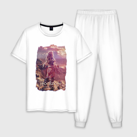 Мужская пижама хлопок с принтом Horizon Forbidden West | Фан арт в Тюмени, 100% хлопок | брюки и футболка прямого кроя, без карманов, на брюках мягкая резинка на поясе и по низу штанин
 | ps4 | ps5 | горизонт | запретный запад | игра