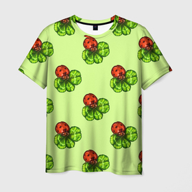 Мужская футболка 3D с принтом Божья коровка и клевер на зеленом. , 100% полиэфир | прямой крой, круглый вырез горловины, длина до линии бедер | Тематика изображения на принте: 4 х листник | green | ladybird | ladybug | акварель | божьи коровки | божья коровка | зеленый | клевер | насекомое | насекомые | примета | символ счастья | удача | четырехлистник