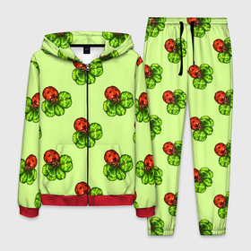 Мужской костюм 3D с принтом Божья коровка и клевер на зеленом. , 100% полиэстер | Манжеты и пояс оформлены тканевой резинкой, двухслойный капюшон со шнурком для регулировки, карманы спереди | Тематика изображения на принте: 4 х листник | green | ladybird | ladybug | акварель | божьи коровки | божья коровка | зеленый | клевер | насекомое | насекомые | примета | символ счастья | удача | четырехлистник