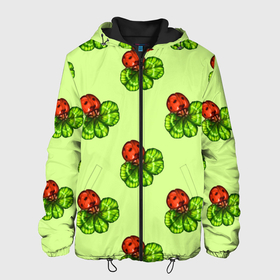 Мужская куртка 3D с принтом Божья коровка и клевер на зеленом. в Екатеринбурге, ткань верха — 100% полиэстер, подклад — флис | прямой крой, подол и капюшон оформлены резинкой с фиксаторами, два кармана без застежек по бокам, один большой потайной карман на груди. Карман на груди застегивается на липучку | 4 х листник | green | ladybird | ladybug | акварель | божьи коровки | божья коровка | зеленый | клевер | насекомое | насекомые | примета | символ счастья | удача | четырехлистник