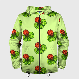 Мужская ветровка 3D с принтом Божья коровка и клевер на зеленом. в Екатеринбурге, 100% полиэстер | подол и капюшон оформлены резинкой с фиксаторами, два кармана без застежек по бокам, один потайной карман на груди | 4 х листник | green | ladybird | ladybug | акварель | божьи коровки | божья коровка | зеленый | клевер | насекомое | насекомые | примета | символ счастья | удача | четырехлистник