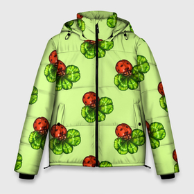 Мужская зимняя куртка 3D с принтом Божья коровка и клевер на зеленом. в Тюмени, верх — 100% полиэстер; подкладка — 100% полиэстер; утеплитель — 100% полиэстер | длина ниже бедра, свободный силуэт Оверсайз. Есть воротник-стойка, отстегивающийся капюшон и ветрозащитная планка. 

Боковые карманы с листочкой на кнопках и внутренний карман на молнии. | 4 х листник | green | ladybird | ladybug | акварель | божьи коровки | божья коровка | зеленый | клевер | насекомое | насекомые | примета | символ счастья | удача | четырехлистник
