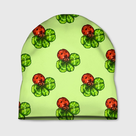 Шапка 3D с принтом Божья коровка и клевер на зеленом. , 100% полиэстер | универсальный размер, печать по всей поверхности изделия | Тематика изображения на принте: 4 х листник | green | ladybird | ladybug | акварель | божьи коровки | божья коровка | зеленый | клевер | насекомое | насекомые | примета | символ счастья | удача | четырехлистник