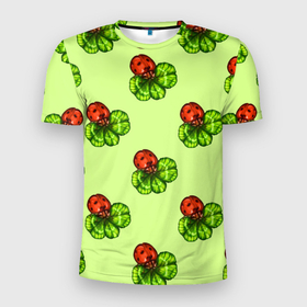 Мужская футболка 3D Slim с принтом Божья коровка и клевер на зеленом. в Санкт-Петербурге, 100% полиэстер с улучшенными характеристиками | приталенный силуэт, круглая горловина, широкие плечи, сужается к линии бедра | 4 х листник | green | ladybird | ladybug | акварель | божьи коровки | божья коровка | зеленый | клевер | насекомое | насекомые | примета | символ счастья | удача | четырехлистник