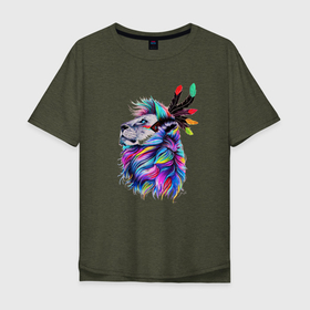 Мужская футболка хлопок Oversize с принтом Лев с радужной гривой в Курске, 100% хлопок | свободный крой, круглый ворот, “спинка” длиннее передней части | животное | зверь | иллюстрация | лев | радуга | рисунок | хищник