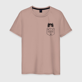 Мужская футболка хлопок с принтом Мям , 100% хлопок | прямой крой, круглый вырез горловины, длина до линии бедер, слегка спущенное плечо. | карман | кошка | мама | сердечки | усы