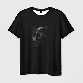 Мужская футболка 3D с принтом Пантера во мгле в Новосибирске, 100% полиэфир | прямой крой, круглый вырез горловины, длина до линии бедер | кошка | ночь | пантера | темното | черная пантера