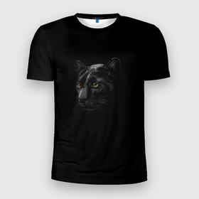Мужская футболка 3D Slim с принтом Пантера во мгле в Новосибирске, 100% полиэстер с улучшенными характеристиками | приталенный силуэт, круглая горловина, широкие плечи, сужается к линии бедра | Тематика изображения на принте: кошка | ночь | пантера | темното | черная пантера