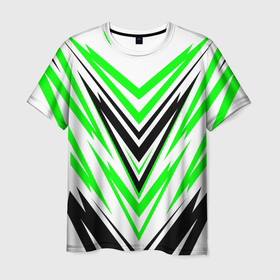 Мужская футболка 3D с принтом Абстрактная симметрия в Петрозаводске, 100% полиэфир | прямой крой, круглый вырез горловины, длина до линии бедер | абстакция | галка | движение | зеленый | неон | узоры | черный