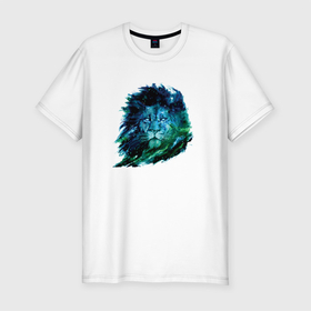 Мужская футболка хлопок Slim с принтом Голова льва в волнах морских в Санкт-Петербурге, 92% хлопок, 8% лайкра | приталенный силуэт, круглый вырез ворота, длина до линии бедра, короткий рукав | волны | животное | зверь | лев | море | хищник