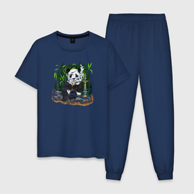 Мужская пижама хлопок с принтом Панда с кальяном , 100% хлопок | брюки и футболка прямого кроя, без карманов, на брюках мягкая резинка на поясе и по низу штанин
 | hookah | shusha | бамбук | вейп | вейпер | кальян | кальянщик | курильщик | медведь | панда | шиша
