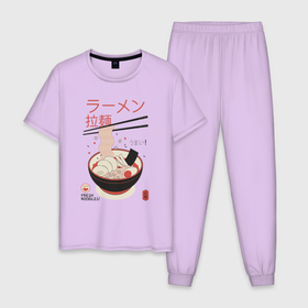 Мужская пижама хлопок с принтом Японский стиль рамен в Тюмени, 100% хлопок | брюки и футболка прямого кроя, без карманов, на брюках мягкая резинка на поясе и по низу штанин
 | Тематика изображения на принте: japanese ramen noodles | kawaii | ramen | ramen bowl | ramen noodles | еда | кавай | лапша | лапша рамен | милота | рамен | рамэн | японская еда | японские иероглифы | японский рамэн | японский стиль