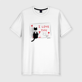 Мужская футболка хлопок Slim с принтом ВЛЮБЛЁННЫЙ KOT в Белгороде, 92% хлопок, 8% лайкра | приталенный силуэт, круглый вырез ворота, длина до линии бедра, короткий рукав | cat | day | heart | love | romantic | valentine | valentines | амур | валентина | влюбленные | влюбленных | всех | день | кот | котейка | котенок | котик | кошка | любовь | романтика | романтичность | святого | сердечки
