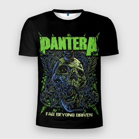 Мужская футболка 3D Slim с принтом Pantera green череп в Курске, 100% полиэстер с улучшенными характеристиками | приталенный силуэт, круглая горловина, широкие плечи, сужается к линии бедра | pantera | американская металгруппа | грувметал | группа | музыка | пантера | рок | рок группа