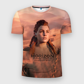 Мужская футболка 3D Slim с принтом Aloy Horizon Forbidden  Zero Dawn в Петрозаводске, 100% полиэстер с улучшенными характеристиками | приталенный силуэт, круглая горловина, широкие плечи, сужается к линии бедра | aloy | horizon | horizon forbidden west | horizon zero dawn | харайзон | хорайзон | элой
