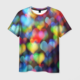 Мужская футболка 3D с принтом Множество капель любви образует море в Санкт-Петербурге, 100% полиэфир | прямой крой, круглый вырез горловины, длина до линии бедер | акварель | блики | любовь | море сердец | сердечки | сердце | стекло