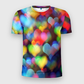 Мужская футболка 3D Slim с принтом Множество капель любви образует море в Петрозаводске, 100% полиэстер с улучшенными характеристиками | приталенный силуэт, круглая горловина, широкие плечи, сужается к линии бедра | акварель | блики | любовь | море сердец | сердечки | сердце | стекло