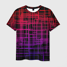 Мужская футболка 3D с принтом Кривая клетка , 100% полиэфир | прямой крой, круглый вырез горловины, длина до линии бедер | Тематика изображения на принте: геометрия | градиент | клетка | клеточка | кривая клетка | линии | неон | полосы | прямоугольники
