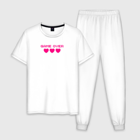 Мужская пижама хлопок с принтом Game over розовый текст в Тюмени, 100% хлопок | брюки и футболка прямого кроя, без карманов, на брюках мягкая резинка на поясе и по низу штанин
 | game over | pixel art | игра окончена | игры | пиксели | розовое сердце | розовый текст | сердечки