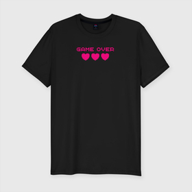 Мужская футболка хлопок Slim с принтом Game over розовый текст , 92% хлопок, 8% лайкра | приталенный силуэт, круглый вырез ворота, длина до линии бедра, короткий рукав | game over | pixel art | игра окончена | игры | пиксели | розовое сердце | розовый текст | сердечки