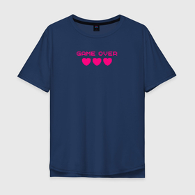 Мужская футболка хлопок Oversize с принтом Game over розовый текст в Кировске, 100% хлопок | свободный крой, круглый ворот, “спинка” длиннее передней части | Тематика изображения на принте: game over | pixel art | игра окончена | игры | пиксели | розовое сердце | розовый текст | сердечки