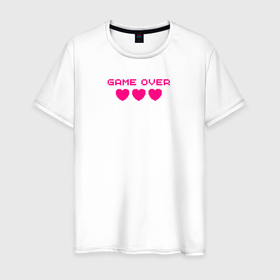 Мужская футболка хлопок с принтом Game over розовый текст в Курске, 100% хлопок | прямой крой, круглый вырез горловины, длина до линии бедер, слегка спущенное плечо. | game over | pixel art | игра окончена | игры | пиксели | розовое сердце | розовый текст | сердечки