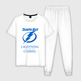 Мужская пижама хлопок с принтом Tampa Bay Lightning is coming, Тампа Бэй Лайтнинг в Новосибирске, 100% хлопок | брюки и футболка прямого кроя, без карманов, на брюках мягкая резинка на поясе и по низу штанин
 | hockey | lightning | nhl | tampa bay | tampa bay lightning | usa | лайтнинг | нхл | спорт | сша | тампа бэй | тампа бэй лайтнинг | хоккей | шайба