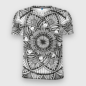 Мужская футболка 3D Slim с принтом Мандала 2028 1 в Курске, 100% полиэстер с улучшенными характеристиками | приталенный силуэт, круглая горловина, широкие плечи, сужается к линии бедра | black | mandala | monochrome | mork2028 | zenart | зенарт | монохромный | узор