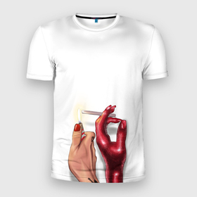 Мужская футболка 3D Slim с принтом With your demon в Белгороде, 100% полиэстер с улучшенными характеристиками | приталенный силуэт, круглая горловина, широкие плечи, сужается к линии бедра | nft | арт | девушкам | дьявол | иллюстрация | подросткам | прикольные картинки | эстетика