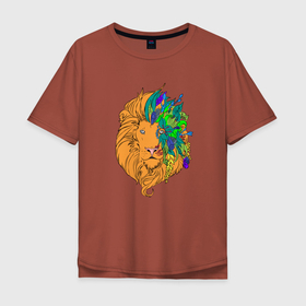 Мужская футболка хлопок Oversize с принтом Царь природы , 100% хлопок | свободный крой, круглый ворот, “спинка” длиннее передней части | голова | грива | животное | кошка | лев | листья | природа | растения | цветы